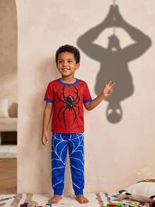 SHEIN Young Boy Casual Simple Slim Fit Comfortable Crew Neck Short Sleeve Long Pants Tight Home Wear Suitable For Spring And Summer, Classic Handsome Spider Web, Spider Hero Character Pattern Print - Multicolor - View 2