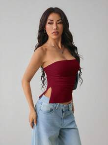 SHEIN PETITE Top bandeau sin espalda con abertura lateral para mujer - Burdeos - Ver 6