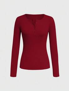 SHEIN Women's Button Long Sleeve Solid Color Minimalist Knit T-Shirt - Red - View 4