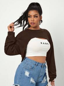 SHEIN EZwear Women's Plus Size Patchwork Long Sleeve Short Sweatshirt - Chocolate Brown - View 4