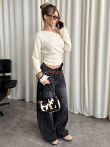 SHEIN BAE 女士纯色不对称肩部休闲百搭日常长袖上衣 - 杏色 - 查看 5
