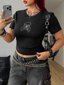 Coolane 女款大尺碼夏季 Y2K 街頭風復古演唱會電音節派對外穿黑色短版 T-Shirt 上衣 - 黑色 - 查看 5