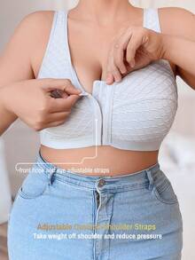 SHEIN Solid Color Soft Comfortable Wavy Jacquard Patchwork Mesh Plus Size Sports Bra, 1pc - Light Grey - View 3