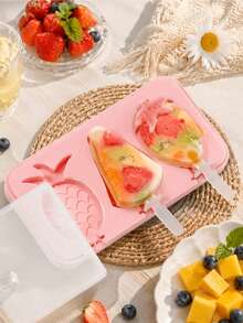 1Pc Cute Shapes Silicone Popsicle Molds With Lids Reusable Ice Cream Mold Popsicle 4 Cavities Maker Homemade DIY Set - Pink - View 7