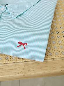 Elamini Blue Striped Bow Embroidered Loose Fit Short Sleeve Shirt For Women, Cropped - Multicolor - View 3