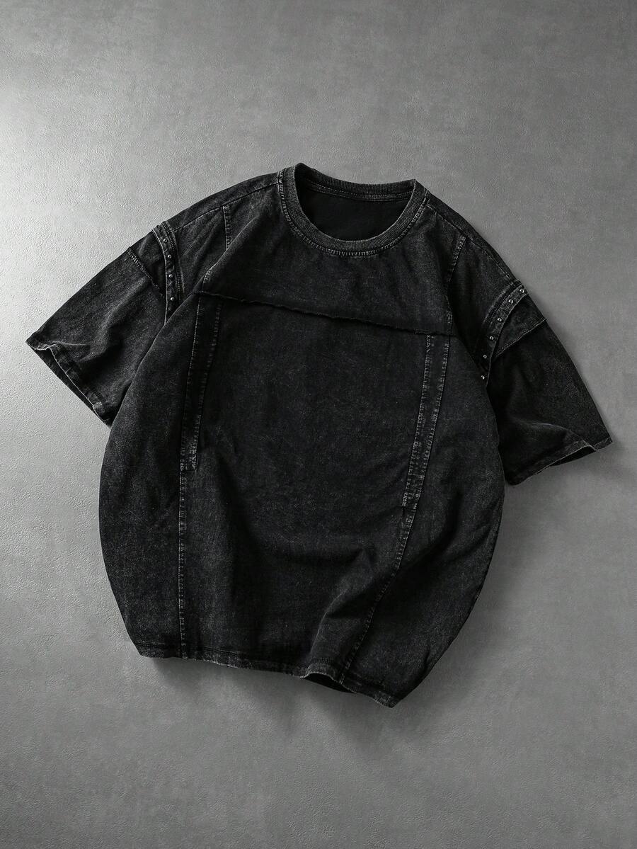 ROMWE MEN Men's Patchwork Washed Round Neck Short Sleeve T-Shirt, Spring/Summer - Black - View 1