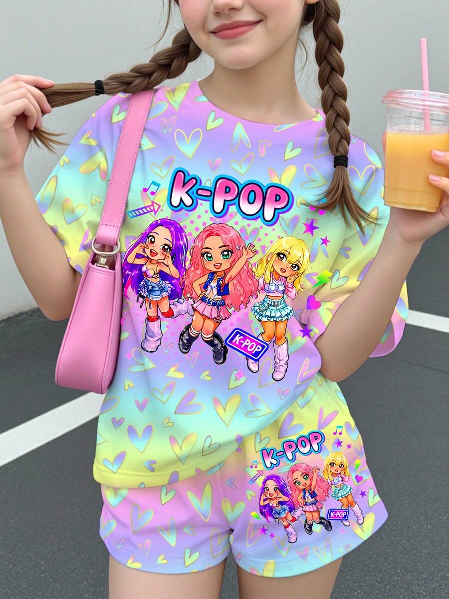 Tween Girl 卡通女團 K-Pop 短袖 T 恤與短褲 2 件套,適合夏季,可愛 Y2K 圖案,紫色度假風 - 彩色 - 查看 1