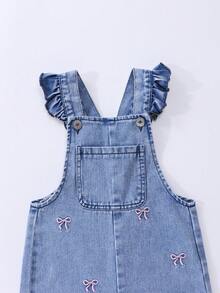 SHEIN Girls' Cute Casual Ruffle Shoulder Bow Embroidery Denim Overalls, Light Blue Washed Denim Color, Adjustable Lace Shoulder Straps With Buckle, Front Pockets With All-Over Bow Embroidery, Loose Straight Leg Soft Premium Cotton Denim, Versatile For Daily Wear, School, Outings, Spring/Summer/Autumn/Winter, Vacation Outfit With T-Shirt - Light Wash - View 7