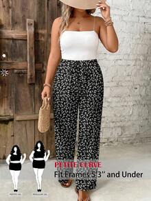 SHEIN PETITE CURVE 大码夏季碎花直筒裤 - 黑色 - 查看 2