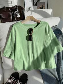 Comfortcana Solid Color Dropped Shoulder Short Sleeve Crew Neck Plus Size T-Shirt Formal Holiday Light Green Summer Casual Office Club - Green - View 5