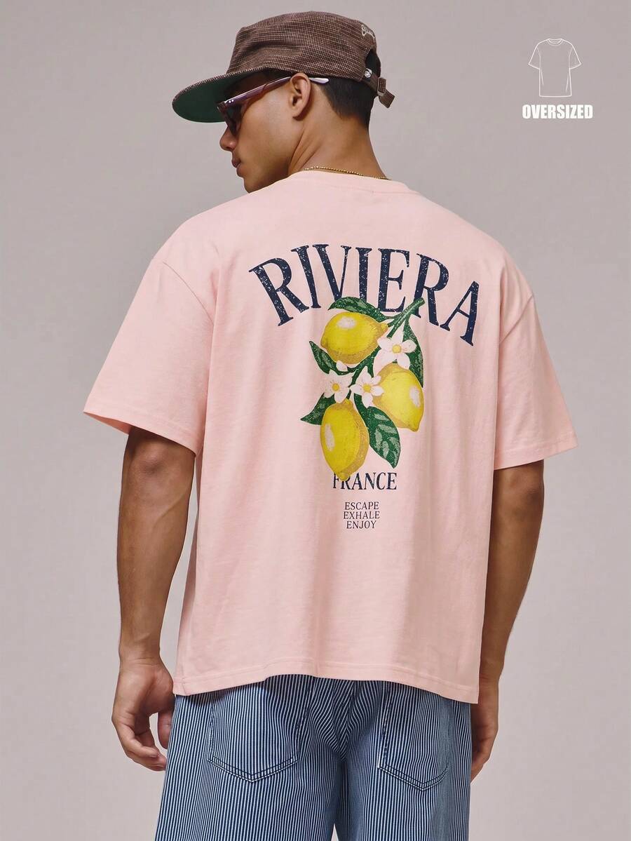 Musero 寬鬆落肩圓領短袖「RIVIERA」檸檬圖案印花T恤 - 粉色 - 查看 1