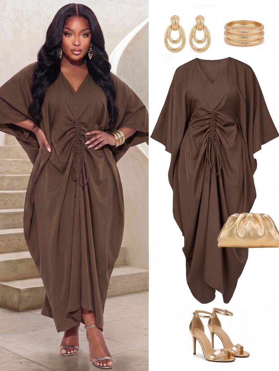 Poshavie Poshavie Damen Große Größen künstlerisches Batik-Blumenkleid, geraffter Tulpenrock, geeignet für den täglichen Gebrauch von Afroamerikanern. - Braun - Übersicht 1