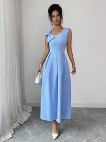 Elenzga Women's Fashion New Sleeveless V-Neck Big Bow Decor Zipper Knee-Length Elegant Dress, Suitable For Daily Wear, Date, Party, Back To School, Birthday, Valentine's Day, Graduation, Banquet - Blue - View 5