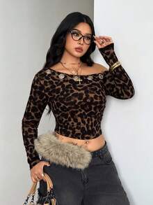 Coolane 女款大尺碼秋冬外出街頭風正式優雅彈性孔眼棕色豹紋不對稱領長袖上衣 - 棕色 - 查看 4