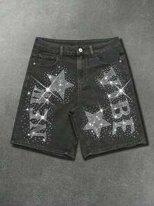 Manfinity EMRG Shorts de mezclilla negra lavada con estilo hip-hop callejero y estrella de strass para hombres - Gris - Ver 1