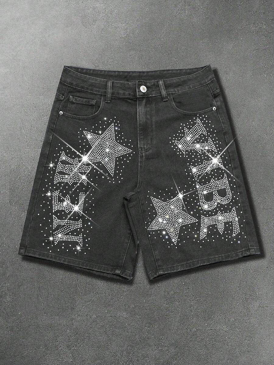Manfinity EMRG Shorts de mezclilla negra lavada con estilo hip-hop callejero y estrella de strass para hombres - Gris - Ver 1