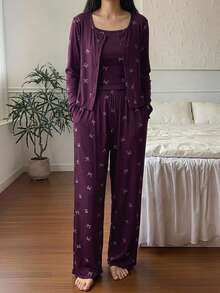 DAZY 3-Piece Bow Pattern All-Over Print Cardigan, Camisole And Long Pants Women's Pajama Set - Purple - View 3