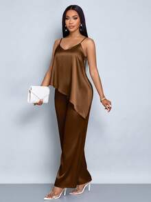 SOLERSUN 2pcs/Set Women's Summer Fashion Casual Elegant Coffee Brown Satin Asymmetrical Camisole Top And Wide Leg Pants Set Adjustable Strap Cami Top Sexy - Coffee Brown - View 3