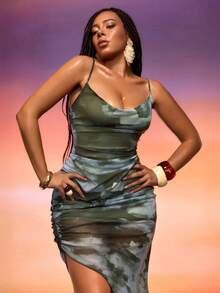 Orbivine Women's Plus Size Printed Ruched Cami Dress, Spring/Summer Vacation Formal Dark Green Sexy Casual - Green - View 8