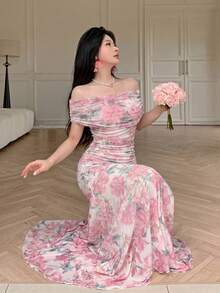 Modelyn 女款優雅法式長洋裝，網紗花卉印花，方領，百褶設計，適合夏季度假 - 粉色 - 查看 7