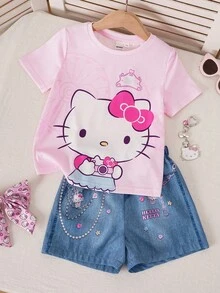 HELLO KITTY AND FRIENDS | SHEIN Fun Casual Style Young Girl Cartoon Print Round Neck Short Sleeve T-Shirt And Shorts Comfortable Set - Multicolor - View 2