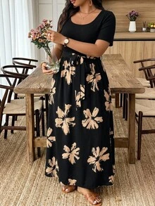 SHEIN CURVE+ 大尺碼 US22 音樂節海邊度假波希米亞風夏季休閒花卉印花拼接短袖長洋裝 - 黑色 - 查看 4