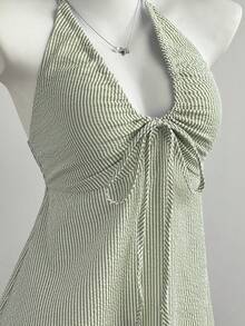 Elamini 女款夏季性感掛脖露背條紋細肩帶洋裝，適合度假與海灘 - 綠色 - 查看 6