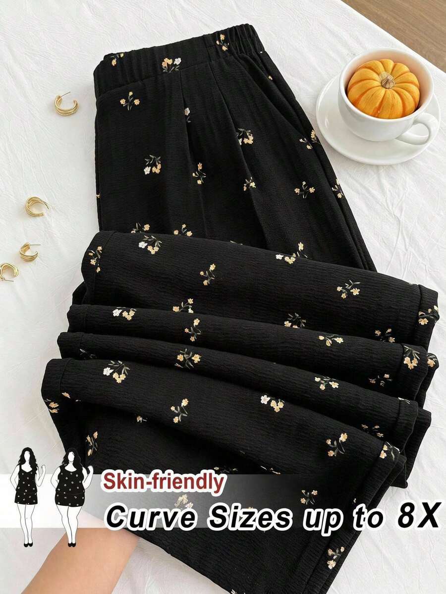 SHEIN CURVE+ 大尺碼女款休閒寬鬆舒適透氣日常百搭黑色花卉紋理彈性腰長褲,女裝下身褲,寬鬆褲,可愛夏季,歐式夏季,度假,機場哥特風 - 黑色 - 查看 1