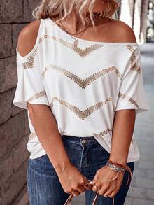 EMERY ROSE Camiseta de talla grande de corte holgado con hombro asimétrico, base blanca y estampado de ondas doradas, estilo casual básico de moda - Multicolor - Ver 4