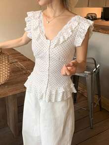 DAZY 女款荷葉邊波點韓風夏季T恤，黑白配色，浪漫可愛，適合早午餐穿著 - 白色 - 查看 6