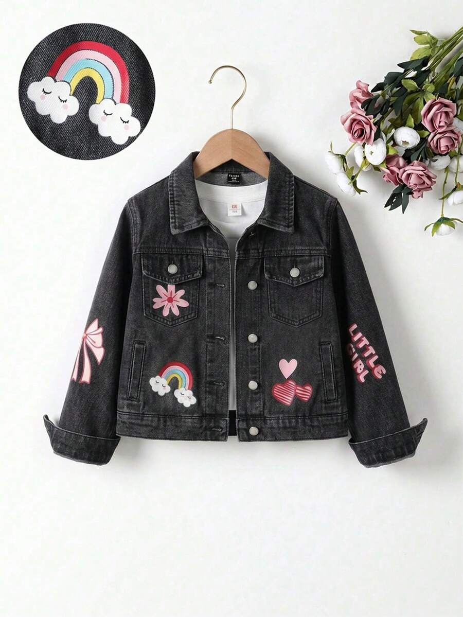 Denimly 女孩時尚戶外百搭休閒學院風可愛花卉彩虹蝴蝶結字母愛心印花牛仔夾克外套,翻領水洗牛仔長袖 - 深灰色 - 查看 1
