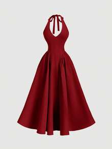 Skyraze Women's Solid Color Halter Neck Fashion Elegant Dress - Burgundy - View 8
