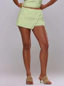 MUSERA Linen Feel Lace Trim Self Tie Mini Skirt Spring Summer Vacation Holiday Ibiza Boho Elegant Casual Festival Beach Lime Green - Green - View 3