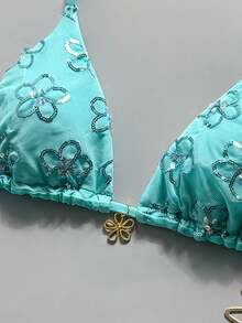 Swim Mod Top de traje de baño de una pieza sexy con estampado aleatorio de vacaciones de verano, decoración de concha dorada, sujetador de triángulo con cuello halter - Azul menta - Ver 4
