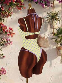 Amplova Women's One-Piece Swimsuit, Sexy Avant-Garde 2 In 1, Lime Green And Colorblock, Suitable For Beach Club Vacation Wear, Summer - Light Yellow - View 2