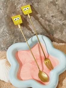 SpongeBob SquarePants | SHEIN Cubiertos Tenedor y Cuchara, Tenedor y Cuchara de Acero Inoxidable 304 - Amarillo - Ver 2