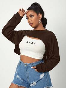 SHEIN EZwear Women's Plus Size Patchwork Long Sleeve Short Sweatshirt - Chocolate Brown - View 5