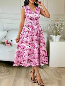 SHEIN Lady 四季皆宜的节日礼服/婚礼宾客/礼服/舞会礼服/金色/晚宴礼服/金色女士缎面提花前开衩连衣裙，休闲派对优雅 - 粉色 - 查看 3