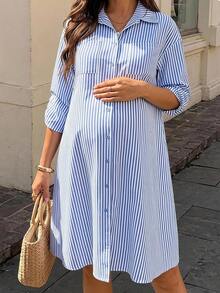 SHEIN 孕婦條紋落肩前扣休閒寬鬆夏季洋裝 - 藍白色 - 查看 1