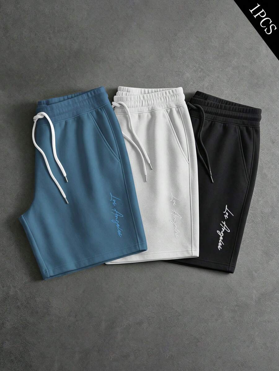 PAVTROS Men's Casual Street Style One-Piece Sweatpants, Short Knit Sweatpants, Elastic Drawstring Waistband, Street Style, Comfortable And Warm, Simple Slogan - Dusty Blue - View 1