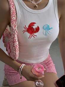 Attriella 夏季海洋螃蟹刺繡白色休閒度假海灘音樂節女款背心可愛上衣 - 白色 - 查看 2