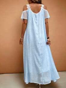 Breezaya Plus Size Spring/Summer Casual Vacation Elegant Commute Lace Trim Solid Color French A-Line Dress - Blue - View 2