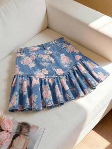 SHEIN MOD 女款夏季休閒花卉印花荷葉邊牛仔裙 - 中等水洗藍 - 查看 2