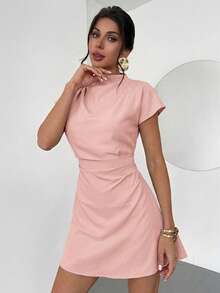 Aloruh Women's Ruched A-Line Mini Dress For Commuting,Summer Dresses For Women - Dusty Pink - View 6