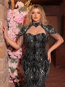 Glamrae Plus Size Elegant Classy Formal Beaded Sequin Mermaid Dress Fringe Sleeve Wedding Party Evening Dinner Black Fall - Black - View 4