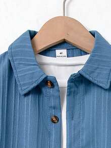 SHEIN Young Boy Textured Short Sleeve Shirt And Shorts Summer Outfit Set, School, Campus, College Summer Holiday - Blue - View 3