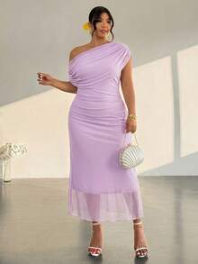 Firerie Vestido de un solo hombro de unicolor elegante talla grande, para verano - Morado - Ver 3