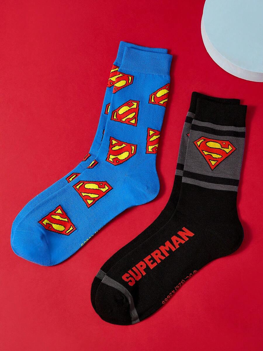 SUPERMAN X SHEIN 2雙裝男士菱形字母圖案中筒襪 - 混色 - 查看 1