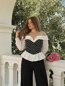 SHEIN MOD Plus-Size Women's Elegant Black And White Polka-Edge Off-Shoulder Top, Simple And Stylish, Suitable For Casual Everyday Wear, Street Style, Office Occasions, Long-Sleeved Top, Elegant New Year's Top, Gothic Style, Outdoor Top, Party Top, Women's Casual Wear, Carnival, Summer Off-Shoulder Top, Strapless Shirt, Sleeved Top, Off-Shoulder Puff Sleeve Shirt, Spring And Autumn Wear. - Black and White - View 9