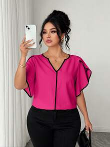SHEIN Elenzya Plus Size Women's Pink Colorblock Trim Textured Fashion Vacation Shirt - Hot Pink - View 4